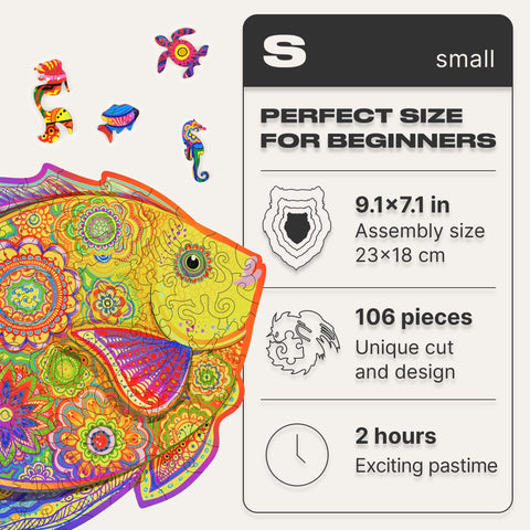UNIDRAGON Wooden Jigsaw Puzzles - Shining Fish, 106 pcs, Small 9.1"x7.1", Beautiful Gift Package, Unique Shape Best Gift for Adults and Kids