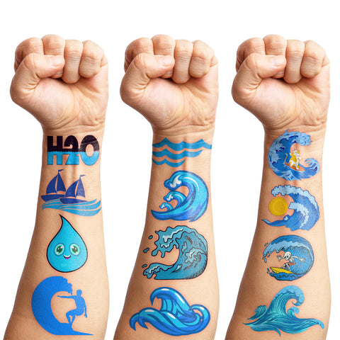 83 PCS Water Ocean Temporary Tattoos Themed Surf Summer Birthday Party Decorations Favors Supplies Decor Water Wave Tattoo Stickers for Kids Cute Gifts School Prizes