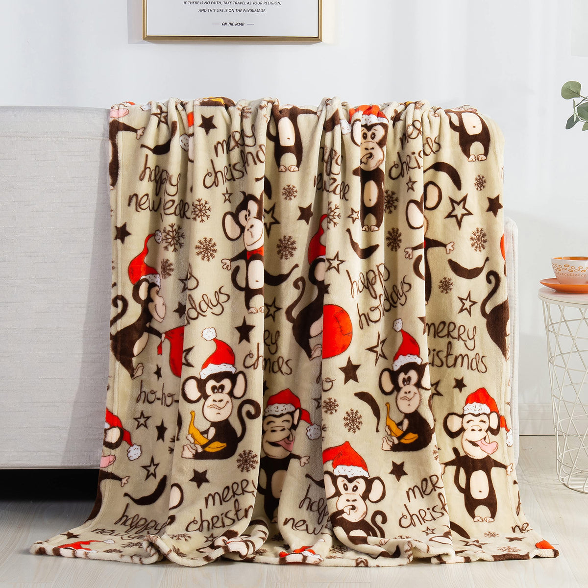 Elegant Comfort Luxury Velvet Super Soft Christmas Prints Fleece Blanket-Holiday Theme Home DÃ©cor Fuzzy Warm and Cozy Throws for Winter Bedding, Couch and Gift, 50 x 60 inch, Monkey