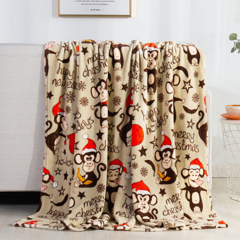 Elegant Comfort Luxury Velvet Super Soft Christmas Prints Fleece Blanket-Holiday Theme Home DÃ©cor Fuzzy Warm and Cozy Throws for Winter Bedding, Couch and Gift, 50 x 60 inch, Monkey