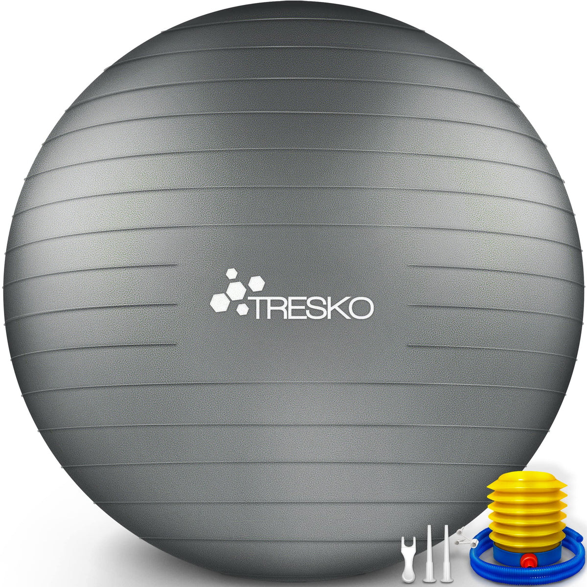 TRESKO® Anti Burst Gym Ball | 55 cm 65 cm 75 cm 85 cm | Exercise Ball | Yoga Ball | 300 kg | with Air Pump | Grey | 65cm