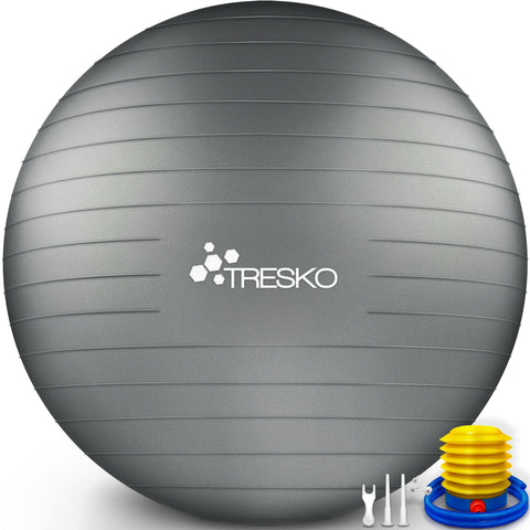 TRESKO® Anti Burst Gym Ball | 55 cm 65 cm 75 cm 85 cm | Exercise Ball | Yoga Ball | 300 kg | with Air Pump | Grey | 65cm