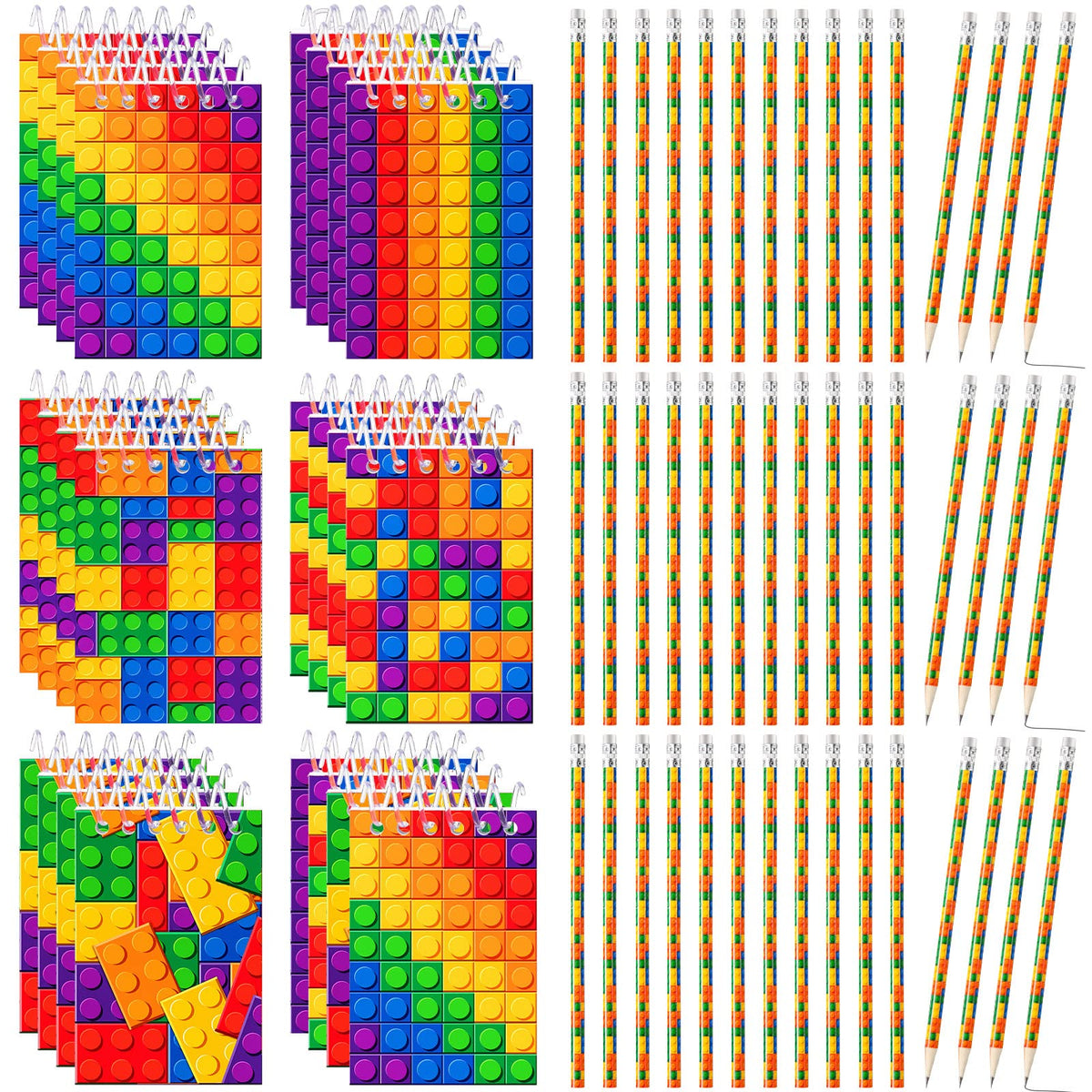Yexiya 25 Pack Mini Building Block Notebooks Spiral Notepads with 50 Toy Brick Wood Pencils, Building Party Favors Gifts for Kids Birthday Party, Goodie Bag Stuffers, Children Classroom Rewards