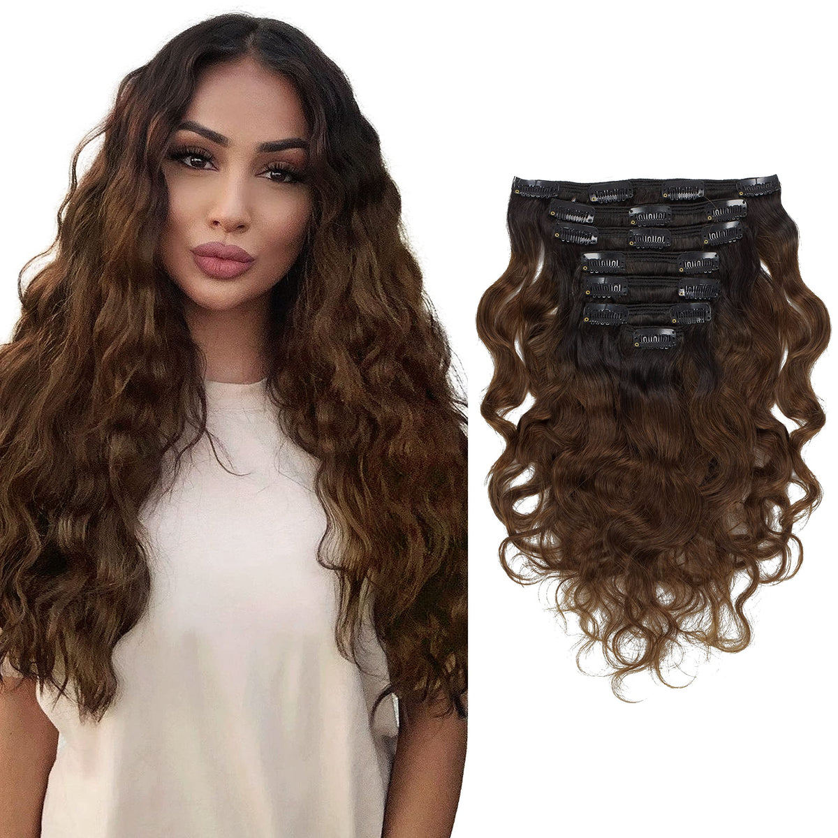 Anrosa Double Weft Human Hair Natural Wave #1B Natural Black Color Fading to #4 Dark Brown Color Clip in 22 Inch Hair Extension Wavy Curly for Women Two Tone Color with 7 Pieces Per Pack