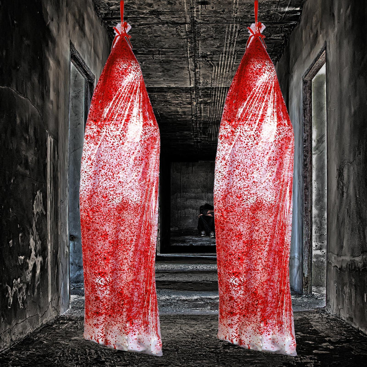 2 Pcs Halloween Bloody Bags Scary PVC Mummy Props Clear Halloween Body Tree Hanging Bag Outdoor Indoor Creepy Decor for Butcher Haunted House Scary Theme Party Decor Supplies, 63 x 20 Inch (2 Pcs)