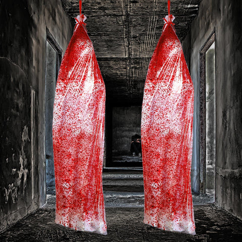 2 Pcs Halloween Bloody Bags Scary PVC Mummy Props Clear Halloween Body Tree Hanging Bag Outdoor Indoor Creepy Decor for Butcher Haunted House Scary Theme Party Decor Supplies, 63 x 20 Inch (2 Pcs)