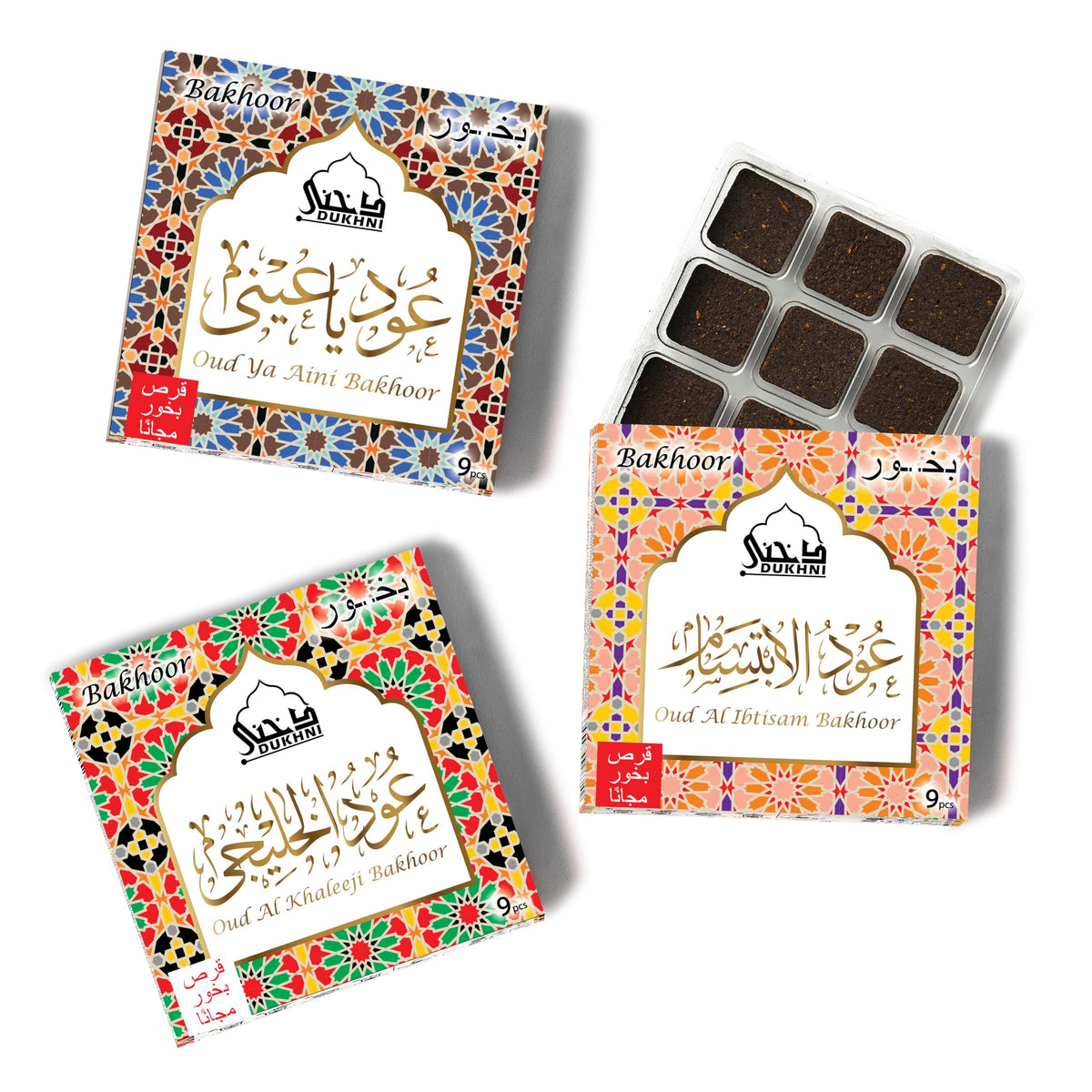 Oud Ya Aini, Oud Al Khaleeji, Oud Al Ibtisam Bakhoor ??? ???? by Dukhni | 3 x 9 Piece each | Assorted Arabic Bakhoor Incense | Perfect to Relax, Meditate & Pray | Rich, Luxurious, Long Lasting