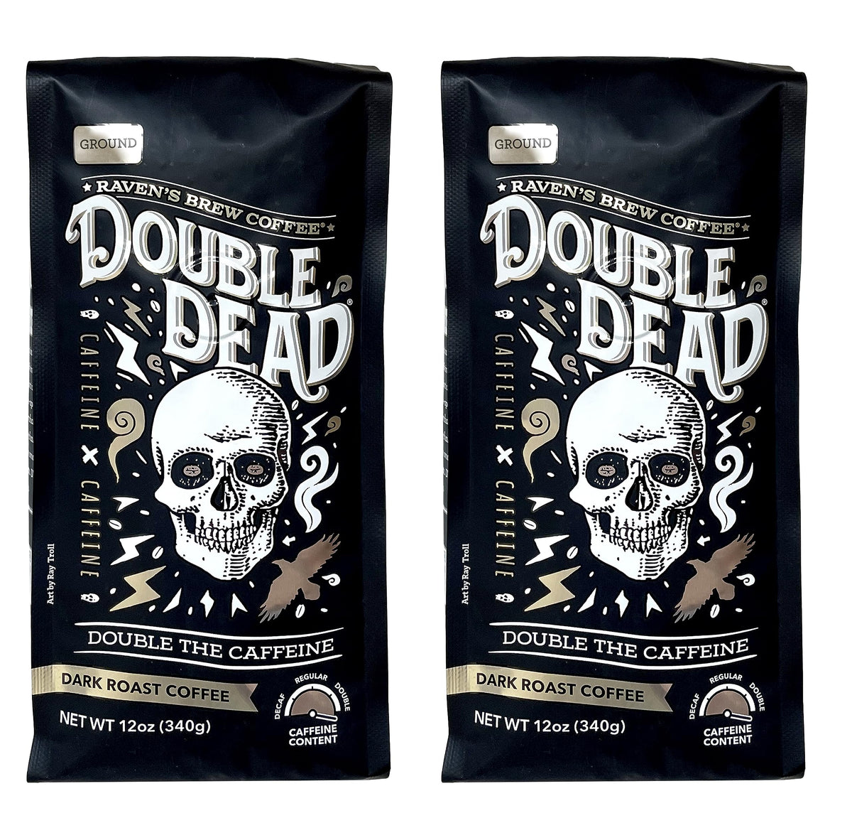 Raven's Brew Coffee High Caffeine Coffee Dark Roast Ground - Double Dead 2-pack of 12oz