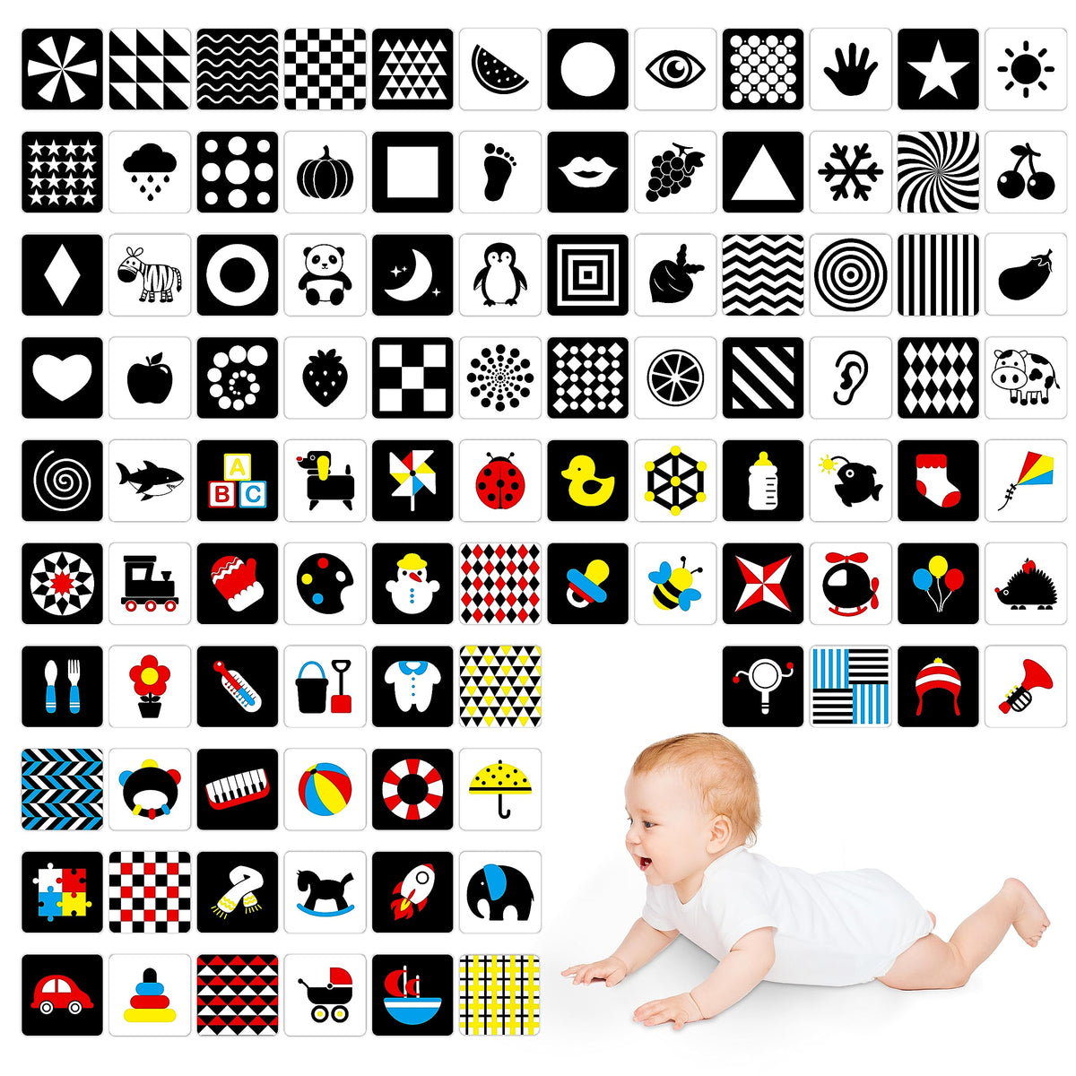 100 Pages Black White Colorful Baby Visual Stimulus Flashcard, 50 PCS High Contrast Baby Flashcards Sensory Toys for Newborn Infant Gift (2 Levels 0-6 Months, 5.5â€ X 5.5â€)