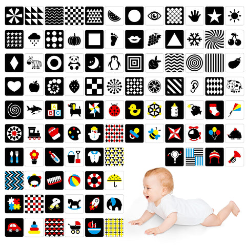 100 Pages Black White Colorful Baby Visual Stimulus Flashcard, 50 PCS High Contrast Baby Flashcards Sensory Toys for Newborn Infant Gift (2 Levels 0-6 Months, 5.5â€ X 5.5â€)