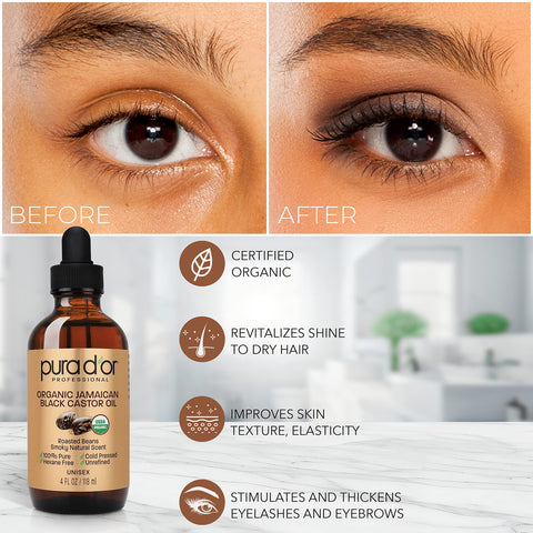 PURA D'OR 4 Oz ORGANIC Jamaican Black Castor Oil - Natural Smoky Scent - 100% Pure USDA Certified Cold Pressed & Roasted, Hexane Free Eyelash & Eyebrow Growth Serum - 2 Empty Bonus Applicators