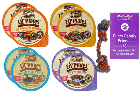 Merrick Lil' Plates Grain Free Small Breed Dog Food 4 Flavor 8 Can Variety (2) Each: Thanksgiving Day, Pot Pie, Surfin' Turfin', Beef Stew (3.5 Ounces) - Plus Rope Toy and Fun Facts Booklet Bundle