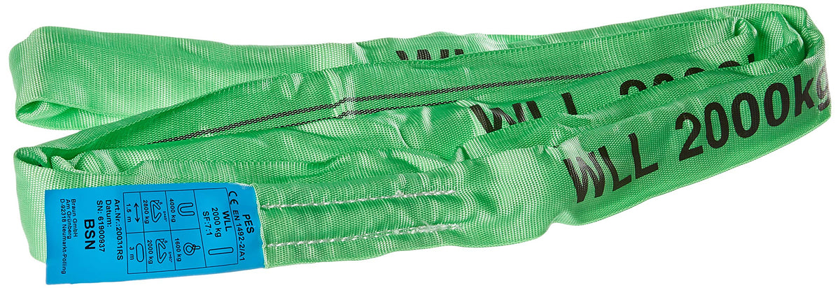 Braun 20031RS Recovery Strap Loop 2000 kg Load 3 m with 1.5 m Usable Length Continuous with Polyester Core Green