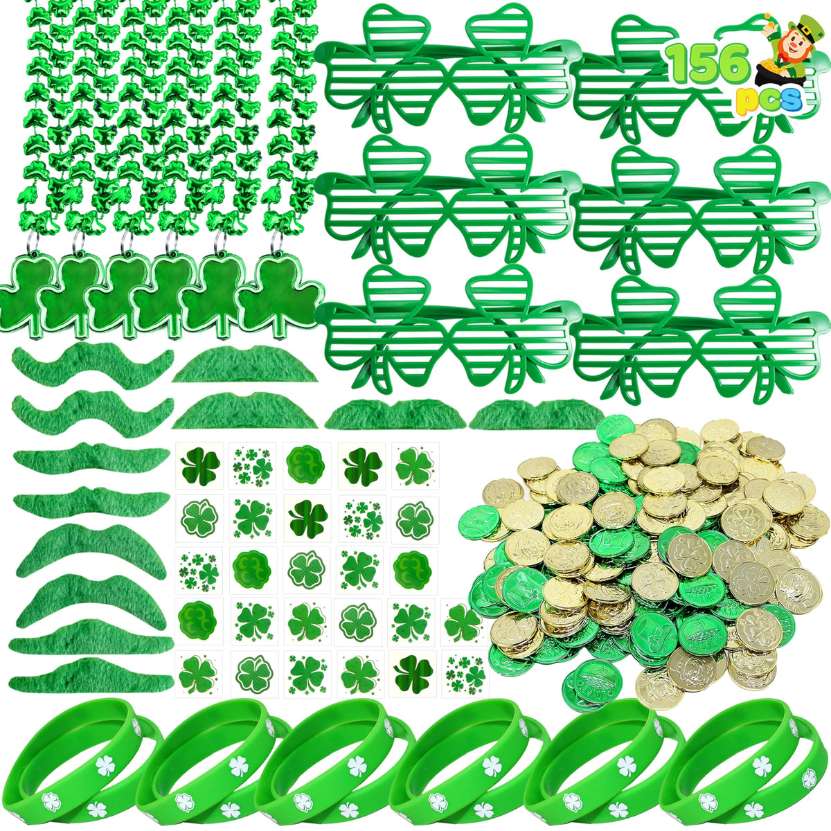 JOYIN 156 Pcs St. Patrick's Day Party Favor Set, 6 Necklaces 6 Eyeglasses 12 Bracelets 72 Temporary Tattoos 12 PCS Mustache 48 Plastic Coins St Patricks Day Accessories