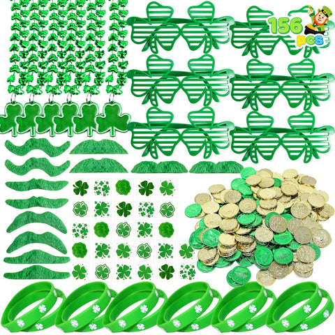 JOYIN 156 Pcs St. Patrick's Day Party Favor Set, 6 Necklaces 6 Eyeglasses 12 Bracelets 72 Temporary Tattoos 12 PCS Mustache 48 Plastic Coins St Patricks Day Accessories