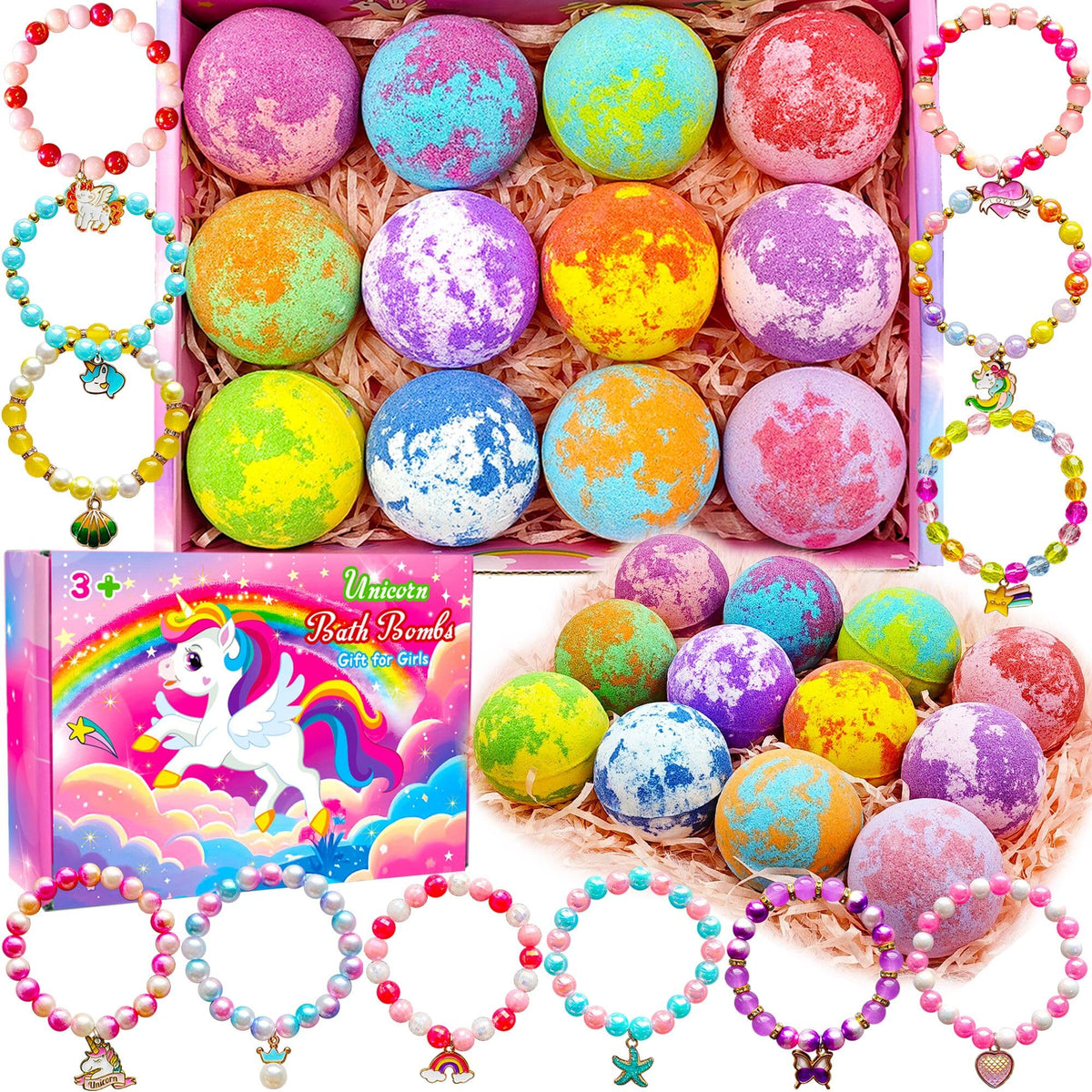 Gift for Girls 3 4 5 6 7 8 Years Old Birthday Gifts Ideas Unicorn Bath Bombs for Girls Kids with Toys Surprise Jewelry Inside Easter Gifts for Girls Easter Basket Stuffers Egg Fillers Christmas Gifts