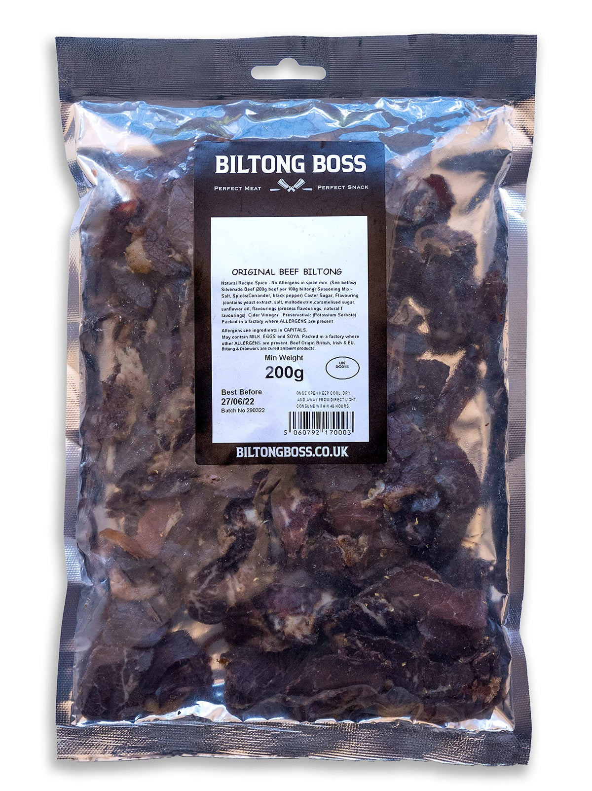 Biltong Boss Original Boss Beef, Premium Authentic Beef, High Protein Ready To Eat Healthy Snack, Suitable For Gluten-Free, Paleo, Keto, Atkins Diets & Post-Workout, Low Sugar & Carbohydrates, 200g