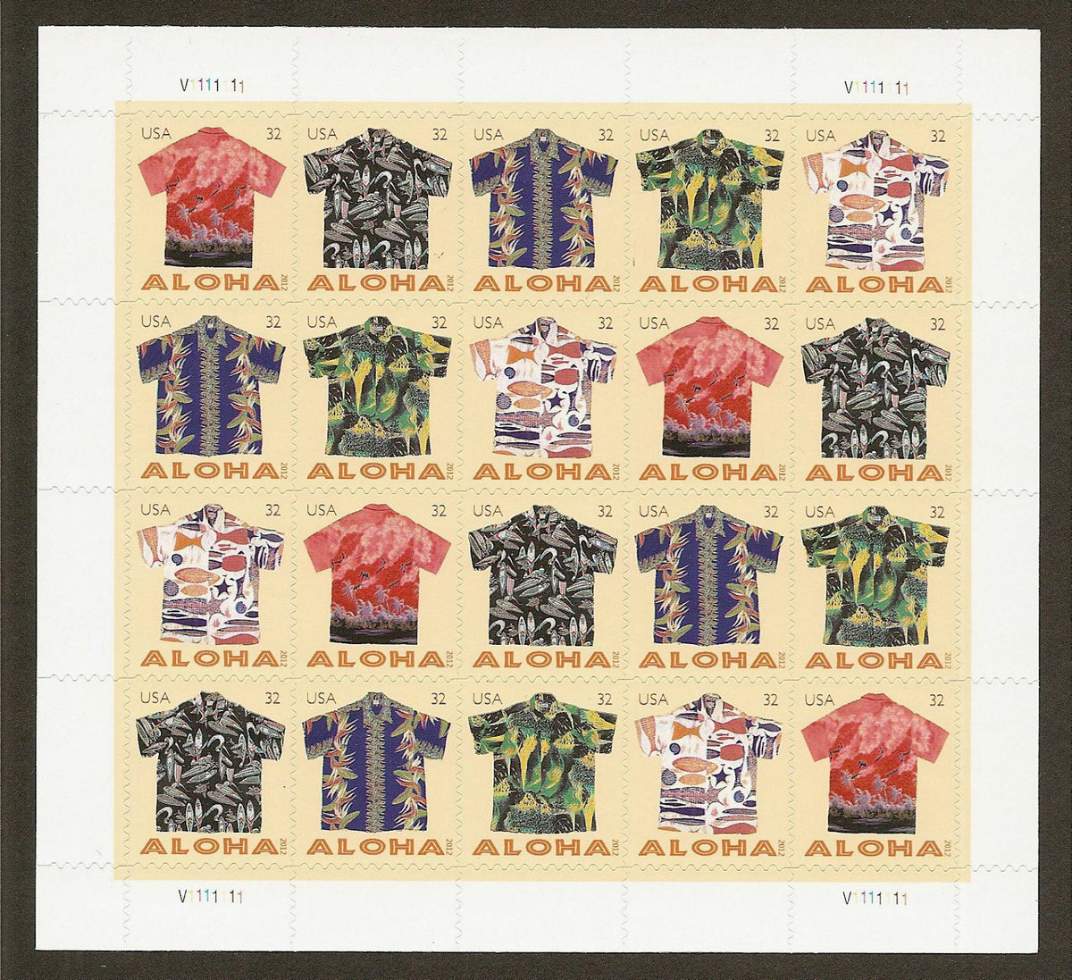 Aloha Shirts Sheet of 20 Mint NH US Postage 32c Stamps 4592-4596