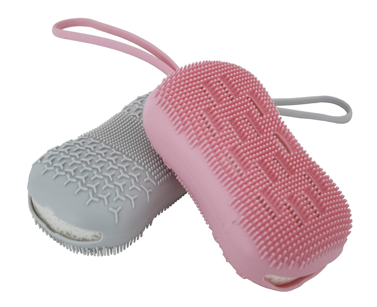 Serenity Select 2 Exfoliating Silicone Body Sponges, Double-Sided Bath or Shower Body Brush, Silicon Loofah/Built-in Sponge - Cleans & Stimulates Circulation. Christmas Stocking, Hanukkah- Pink/Gray