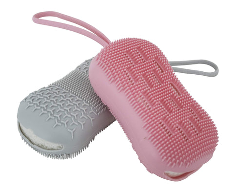 Serenity Select 2 Exfoliating Silicone Body Sponges, Double-Sided Bath or Shower Body Brush, Silicon Loofah/Built-in Sponge - Cleans & Stimulates Circulation. Christmas Stocking, Hanukkah- Pink/Gray