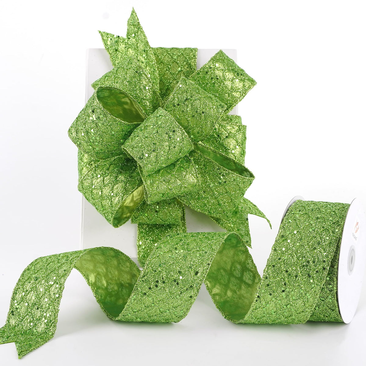HUIHUANG Lime Green Wired Ribbon for Christmas Tree 2.5 inch Lime Green Glitter Diamond Mesh Ribbon for Tree Decoration, Wreaths, Garland, Gift Wrapping, Bows Making, Halloween Decor -10 Yards