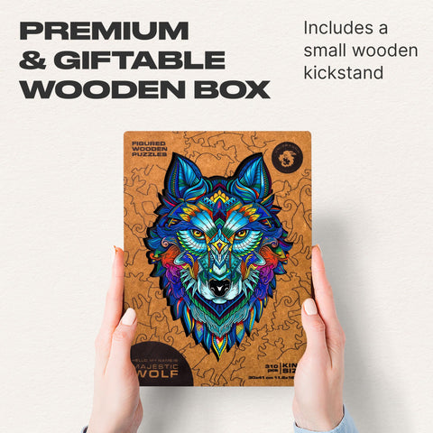 UNIDRAGON Original Wooden Jigsaw Puzzles - Majestic Wolf, 310 pieces, King Size 11.8" x 16.1", Beautiful Gift Package, Unique Shape Best Gift for Adults and Kids