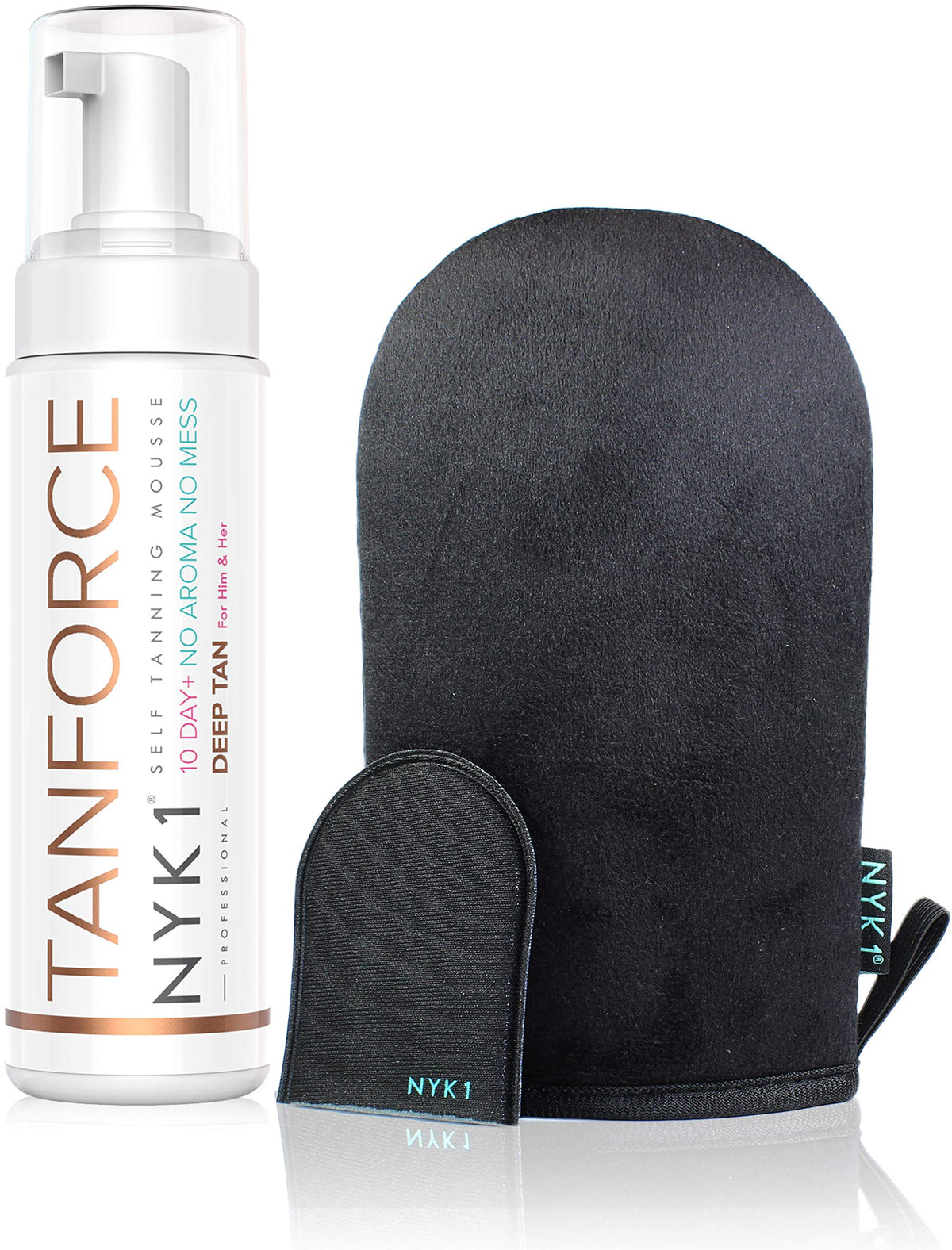 NYK1 Tan Force Sunless Self Tanning Mousse with MegaMitt Tanning Mitt - Salon Quality Streak Free Self Bake Tan Foam Tanning Oil Self Tanner - Natural Look Dry Golden Bronzer Cream - 250ml