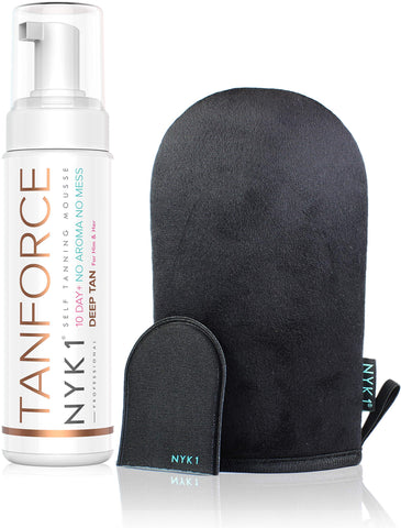 NYK1 Tan Force Sunless Self Tanning Mousse with MegaMitt Tanning Mitt - Salon Quality Streak Free Self Bake Tan Foam Tanning Oil Self Tanner - Natural Look Dry Golden Bronzer Cream - 250ml