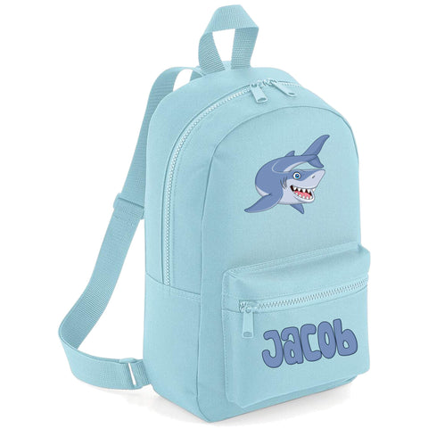 Purple Print House Boys Personalised Shark Backpack - School Back to School Custom Name Shark Kids - Personalised Kids Bag, Powder Blue