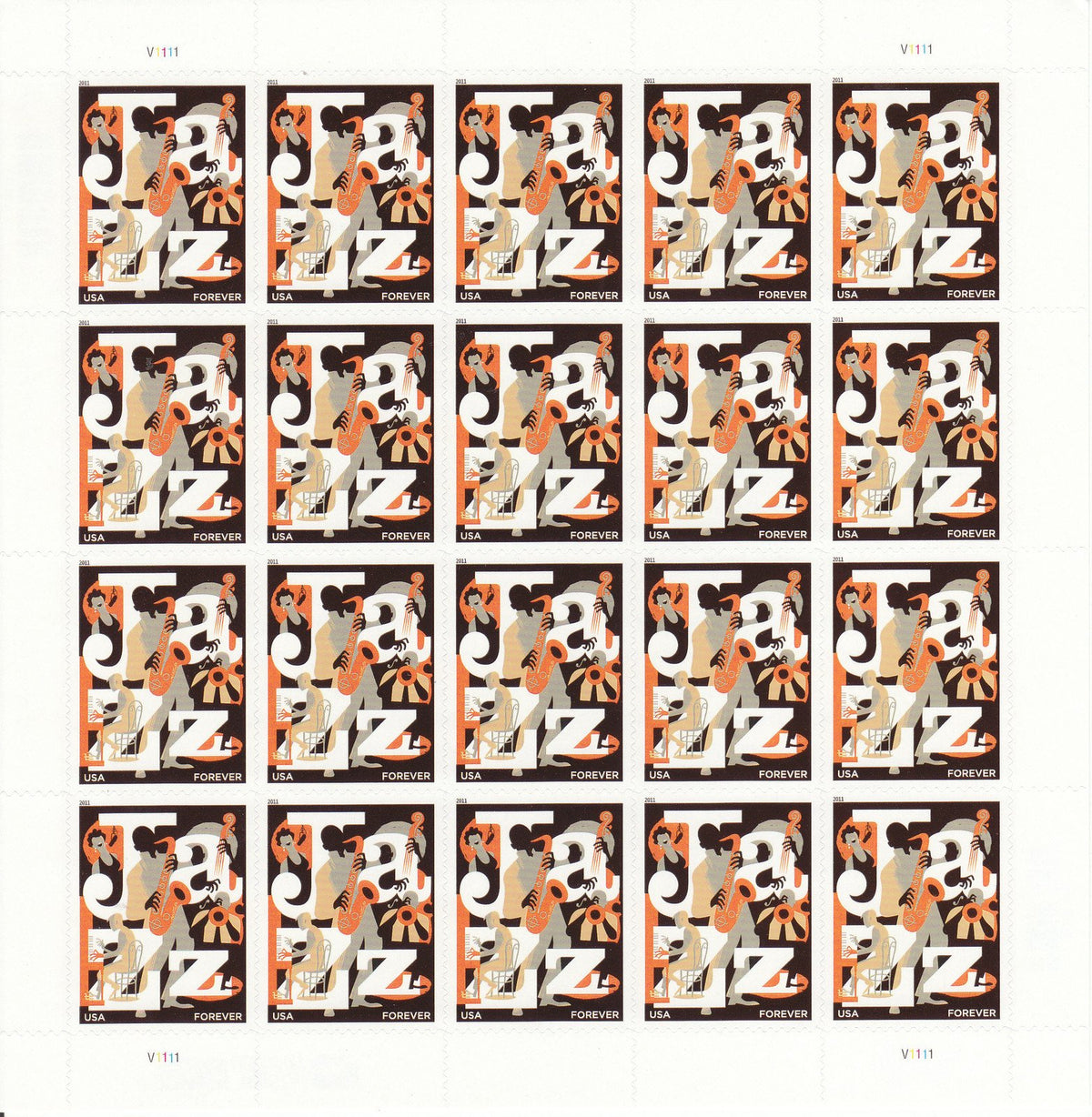 2011 Jazz Sheet of Twenty Forever Stamps Scott 4503 By USPS