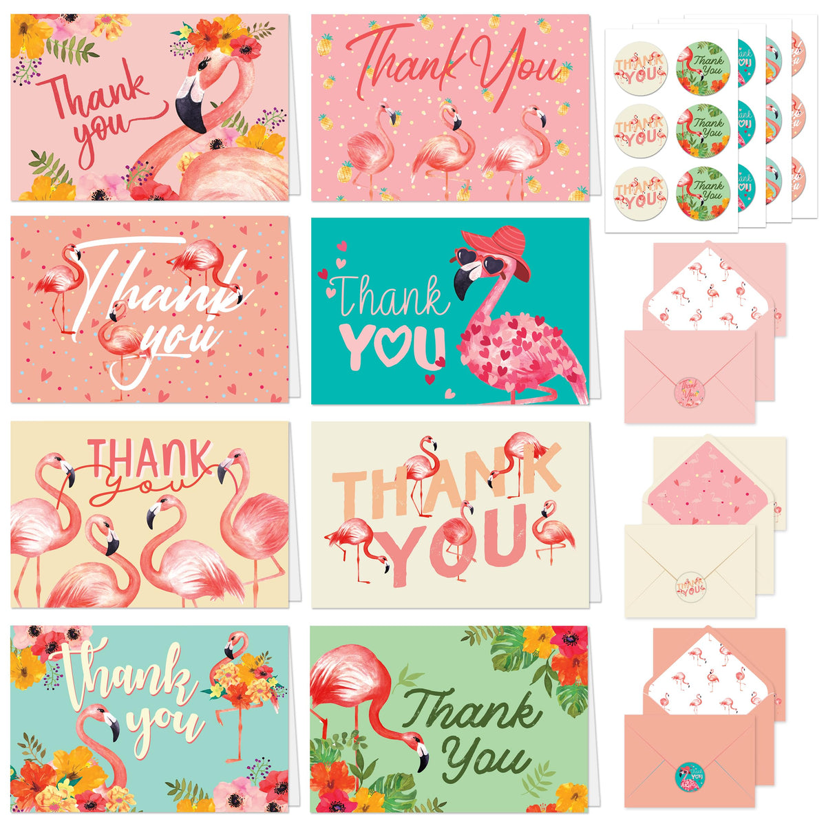 Decorably Thank You Cards with Envelopes & Stickers, Animal-Themed Cards - 24 Pack Flamingo Thank You Cards, 8 Designs Blank Inside Flamingo Cards, 6x4in Tropical Thank You Cards with Envelopes