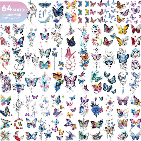 EMOME 79 PCS Butterfly Temporary Tattoos for Women Girls, Realistic Colorful Sleeve Tattoos Stickers, Waterproof Long Lasting Temporary Tattoos for Face Arm Leg Body