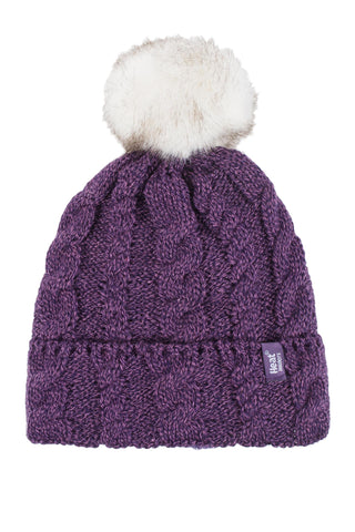 HEAT HOLDERS Ladies 1 Pack Heat Weaver Cable Knit Pom Pom Hat - Purple - One Size