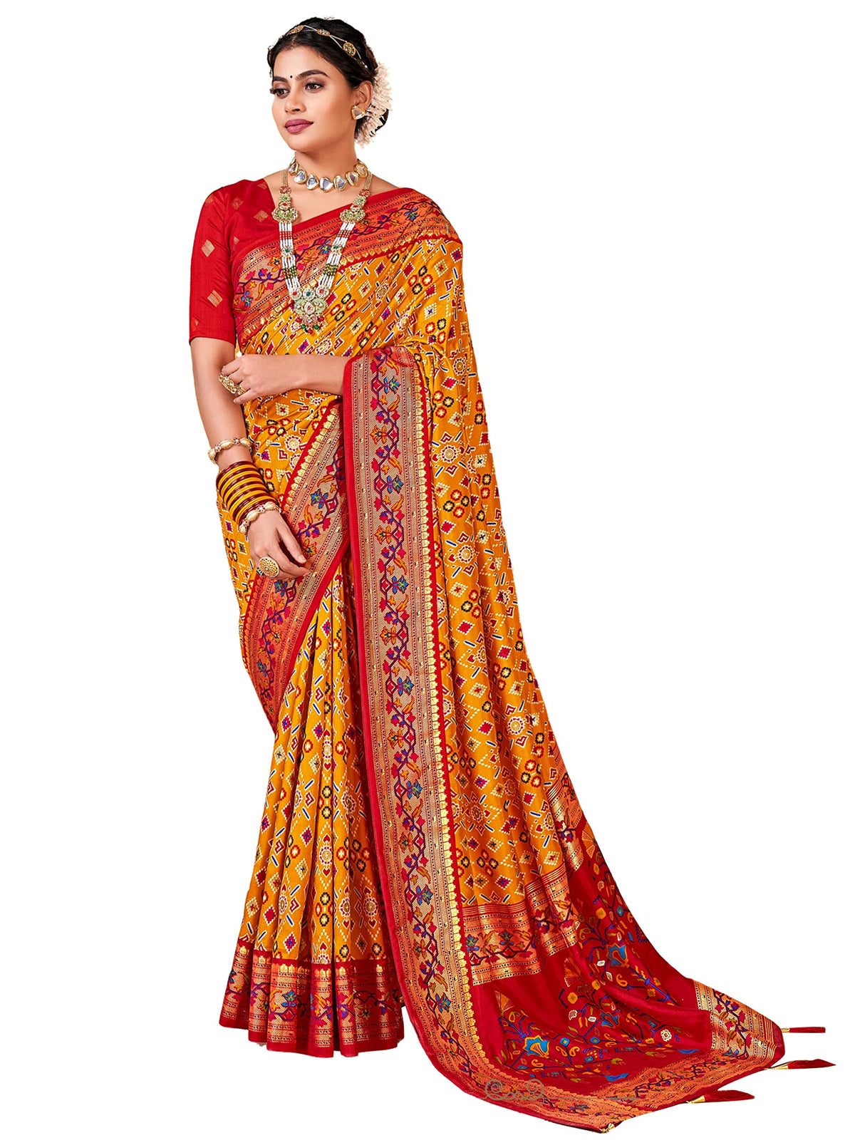 AKHILAM Women's Soft Patola Silk Ikat Print Golden Zari Border Saree With Unstitched Blouse Piece (Mustard_SMNGLM1009_SS)