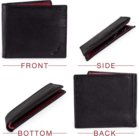 Mens Genuine Leather Wallet - Nappa by Pierre Cardin | RFID Blocking | Soft, Smooth, Durable & Crease Proof Bi-Fold Gents Wallet (Black/Red Inner)
