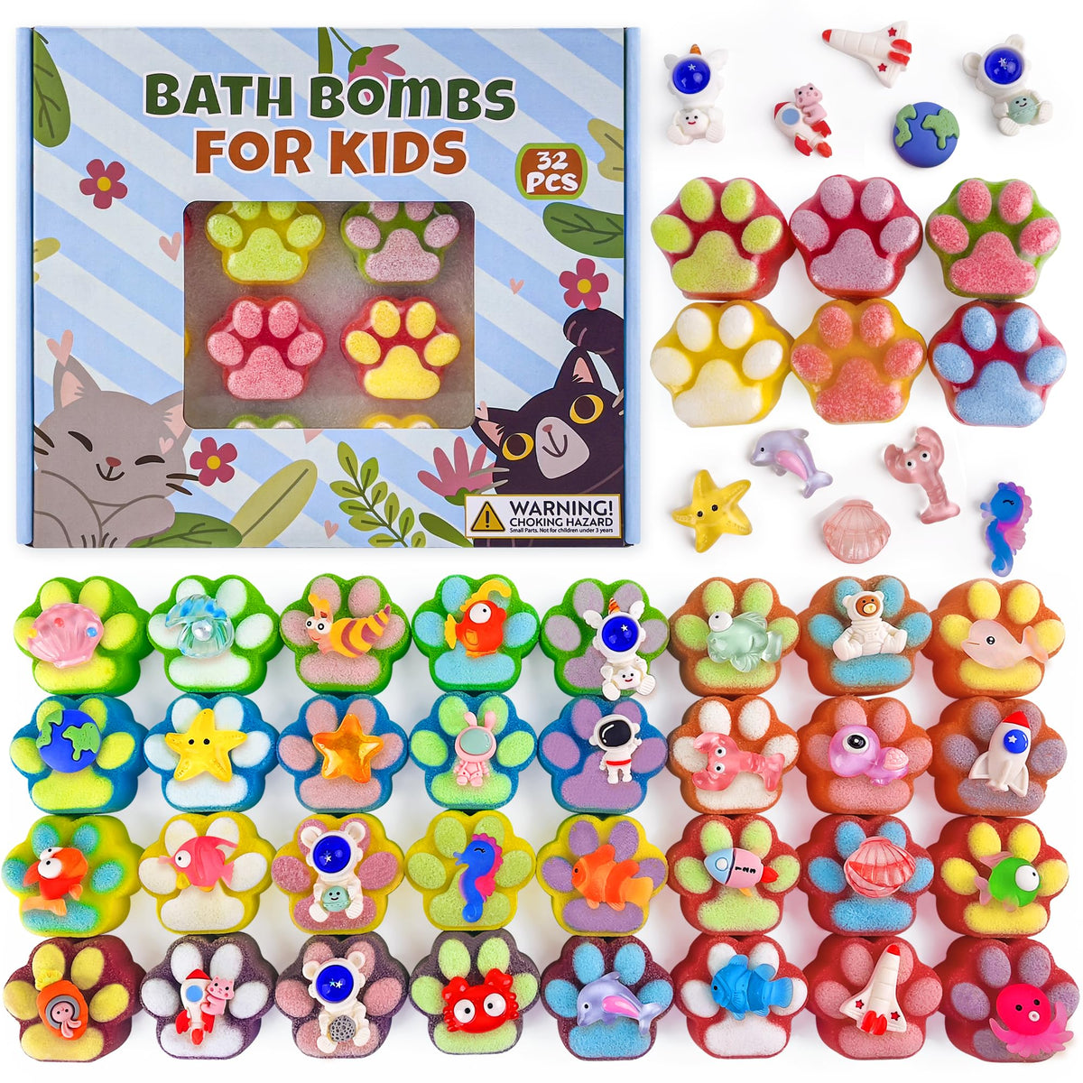 Bath Bombs for Kids with Surprise Inside, 32 Pack Paw Bath Bombs with Toy, Bath Bombs with Ocean Animals and Space Planet Toys SPA Fizzy Handmade Natural Bath Bomb Gift Set at Christmas, Birthday