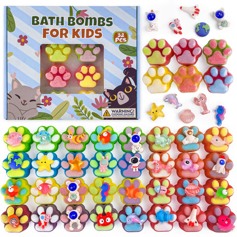 Bath Bombs for Kids with Surprise Inside, 32 Pack Paw Bath Bombs with Toy, Bath Bombs with Ocean Animals and Space Planet Toys SPA Fizzy Handmade Natural Bath Bomb Gift Set at Christmas, Birthday