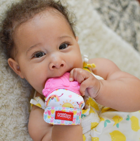 Nuby Happy Hands Silicone Teething Mitten: 3M+, Rainbow, Pink (80725)