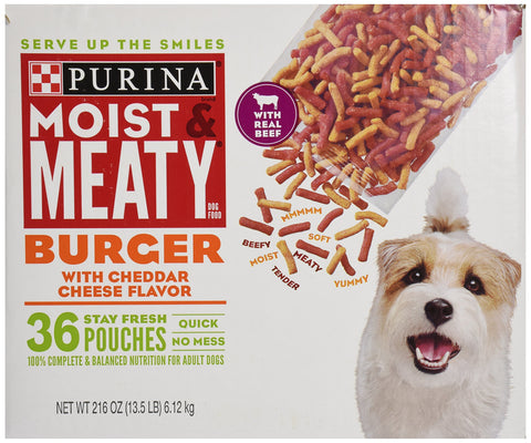 Purina Moist & Meaty Dog Food, Burger with Cheddar Cheese Flavor, 36 Pouches, 6 oz each