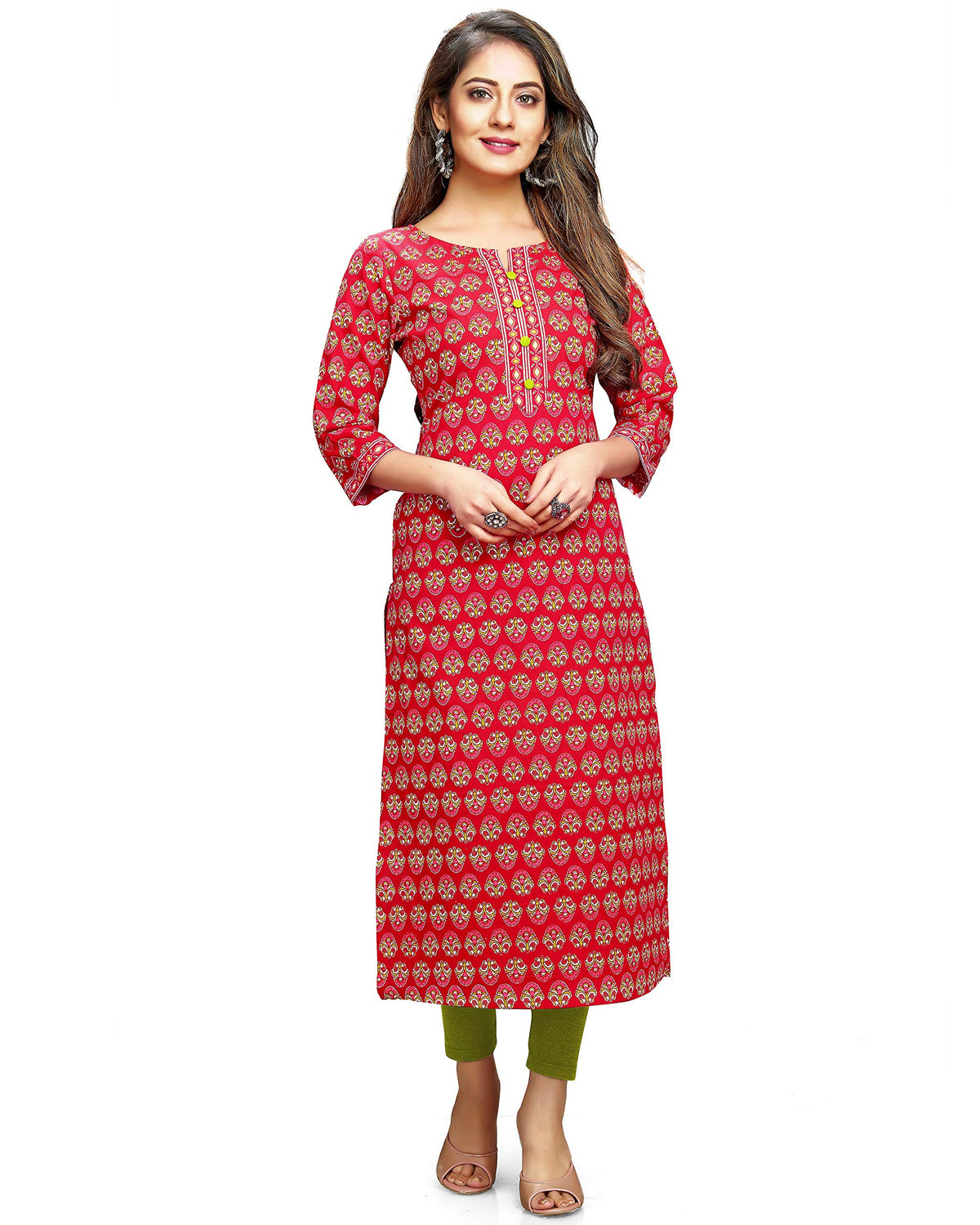 Rajnandini Women's Pure Cambric Cotton Jaipuri Printed Kurti (JOPLVL105-4XL_Red & Green_4XL)