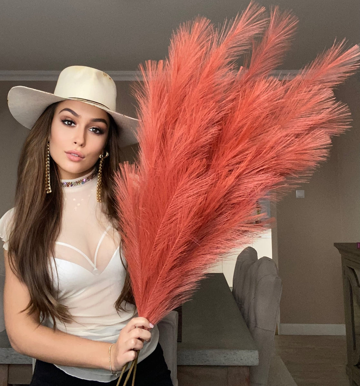 VOULUX Extra Large Tall Orange Fake Faux Artificial Pampas Grass Large Fluffy x3 115cm Stems x18 Decorative Artificial Flora Feathers For Floor Vases Tall Orange Plant Flowers Long Pampas Grass
