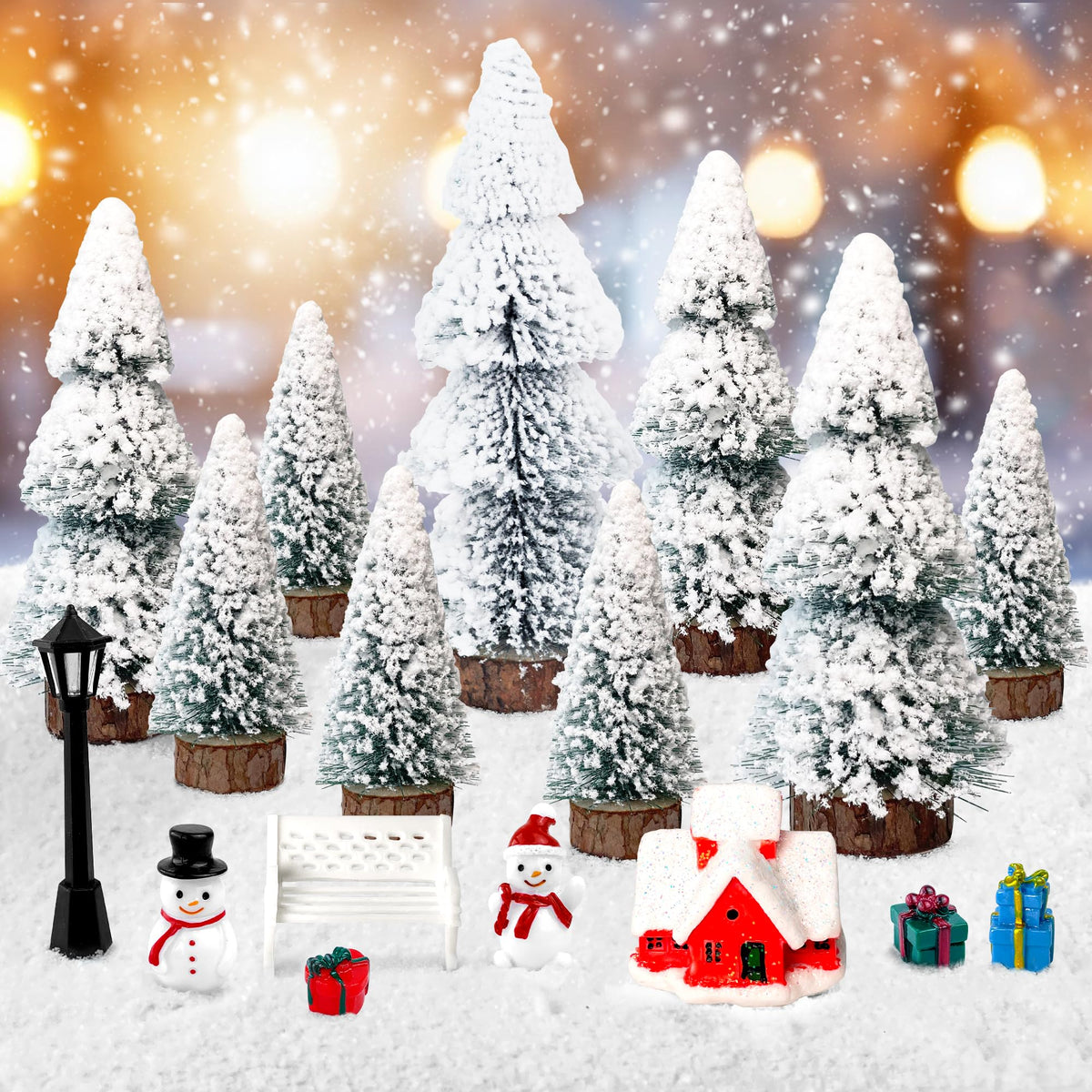 ROLLWAY 17-Piece Small Artificial Christmas Tree with Snow Miniature Figures Set, Mini Christmas Tree Decoration, Christmas Trees, Small Christmas Trees, Christmas Decoration, Christmas Tree