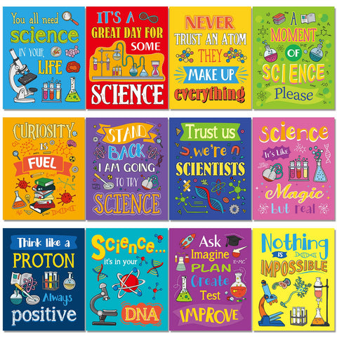 Seajan 12 Pcs Science Classroom Posters Positive Chemistry Poster Science Posters for Classroom Science Classroom Decor Painting for Wall Middle School Laboratory Art Decoration, 8 x 10 Inch, Unframed