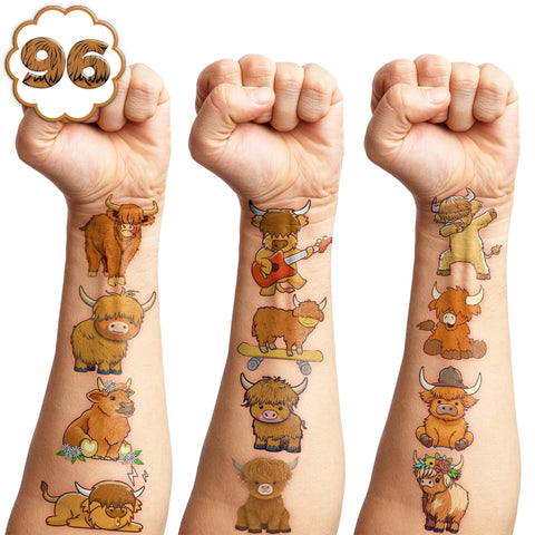 Highland Cow Temporary Tattoos Themed Birthday Party Supplies Favors Decorations Cute Animal Cattle 96PCS Cow Tattoos Stickers Funny for Kids Girls Boys Teens School Classroom Rewards Gifts Ideal Baby
