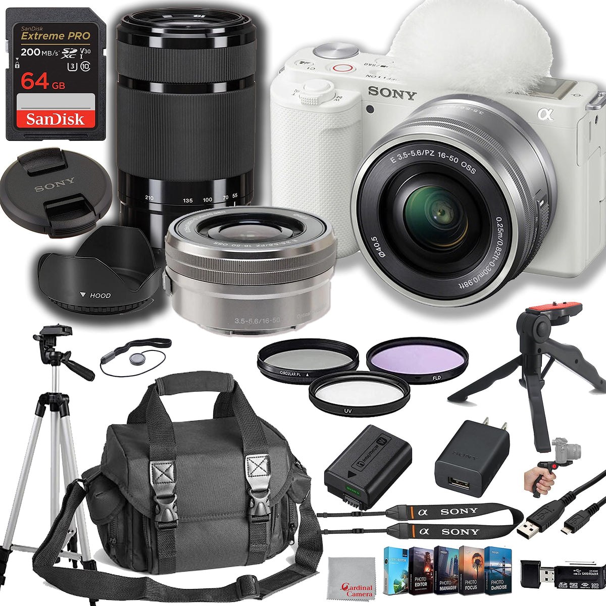 Sony ZV-E10 Mirrorless Camera with with 16-50mm + 55-210mm Lenses, 64GB Extreem Speed Memory, Case. Tripod, Filters, Hood, Grip, & Professional Video & Photo Editing Software Kit (White)