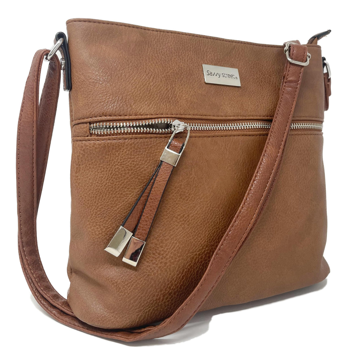 SAVVY STREET Premium Vegan Leather Crossbody Bag for Women - Medium Size Stylish Crossover Purse multi Zip Pockets Handbag Shoulder Bag for Travel with Chic Adjustable Tassel Detail (Tan/Tan)