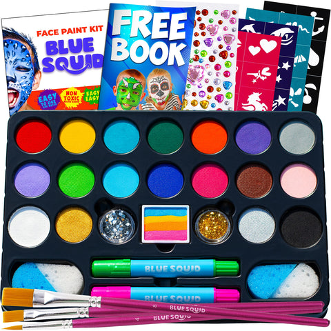 Blue Squid Face Paint Kit for Kids - 160pcs, 22 Colours, Ultimate Face Painting Kit with Gem Sheet, Glitters, Stencils, Hair Chalks, Brushes, Sponges, Booklet, Professional Body Facepaints Water Based