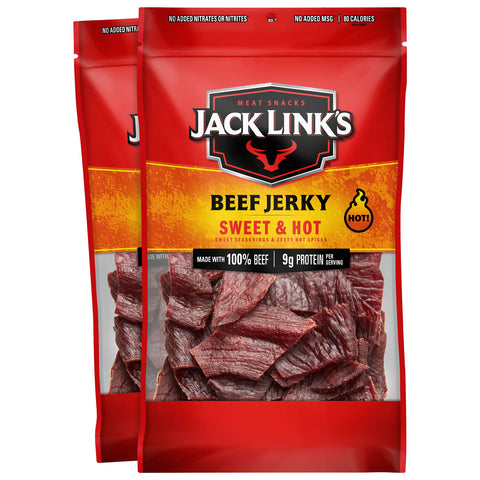 Jack Link's Beef Jerky, Sweet & Hot - Spicy Everyday Snack, 9g of Protein and 80 Calories, Made with 100% Beef - 96% Fat Free, No Added MSG** - 9 Oz. (Pack of 2)