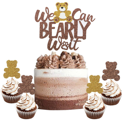 Glitter Teddy Bear Baby Shower Cake Topper- We Can Bearly Wait Cupcake toppers Bear Decorations for Boys & Girls Birthday Party, Pack of 13