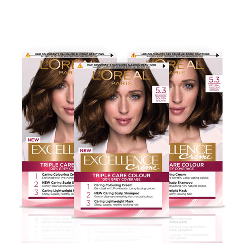 LOrÃƒÆ’Ã†â€™Ãƒâ€šÃ‚Â©al Paris Excellence CrÃƒÆ’Ã†â€™Ãƒâ€šÃ‚Â¨me Permanent Hair Dye, Radiant At-Home Hair Colour with up to 100% Grey Coverage, Pro-Keratin, Up to 8 Weeks of Colour, Pack of 3, Colour: 5.3 Natural Golden Brown